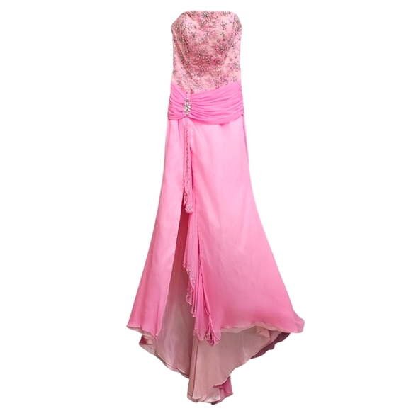 Tiffany Design Strapless Pink Beaded Floral Lace Chiffon Front Slit Evening Gown - Picture 16 of 17